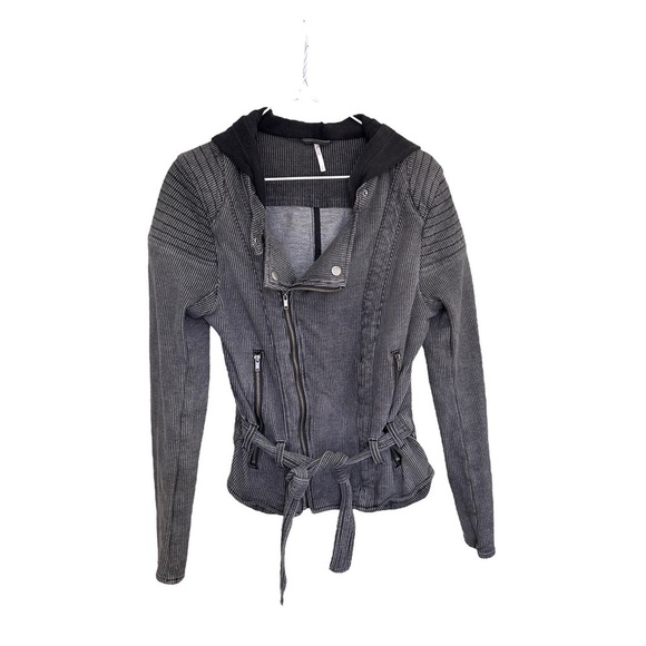 Free People Pinstripe Hooded Knit Moto Jacket in Charcoal Stripes Y2K Size Small - Picture 2 of 13